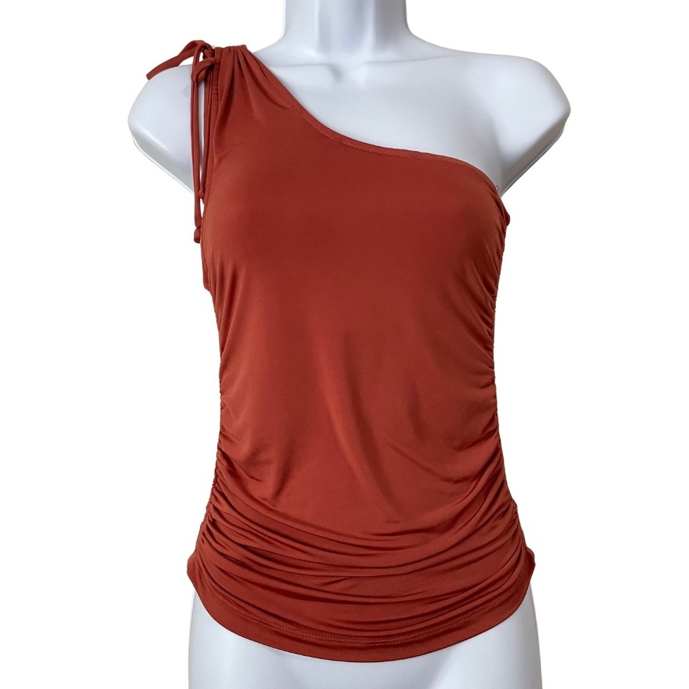 Free People Top Womens XS Rust Orange One Shoulder Ruched Tie Neutral Minimalist
